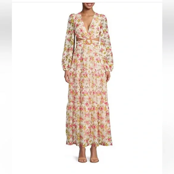NWT GIANNI BINI Lillian Floral Print Long Sleeve Deep V-Neck Cut-Out Tiered dres - Picture 4 of 10